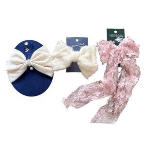 Set Of 3 Hair Clips - Satin Pearl Bow, Lace Floral Bow, & Fuzzy Bow
